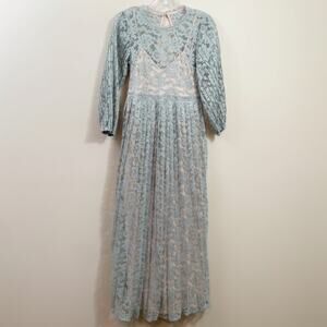 LITTLE MISTRESS Maternity Floral Lace Overlay Long Sleeve Blue Maxi Dress